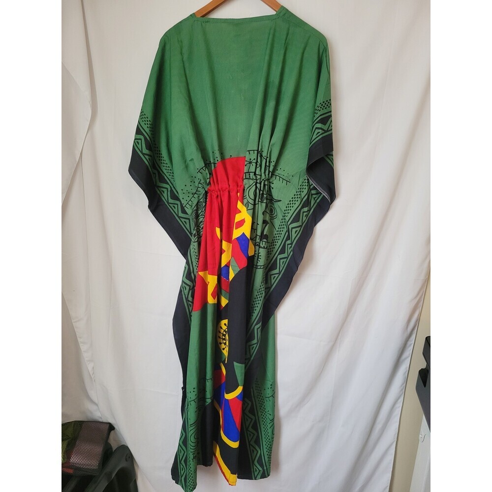 Riviera Sun Women's Kaftan Maxi Dress L/XL Green Tribal Print Drawstring Boho - Picture 5 of 5